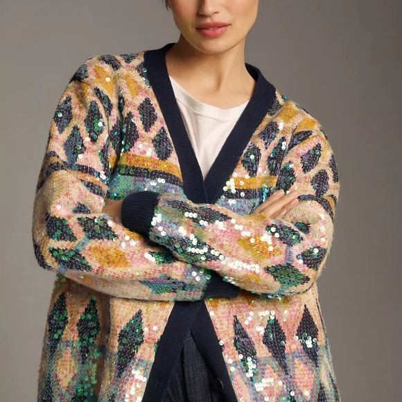 NWT Maeve Anthropologie Sequin Patterned Oversized Cardigan Sweater XL New $228 - Picture 1 of 5